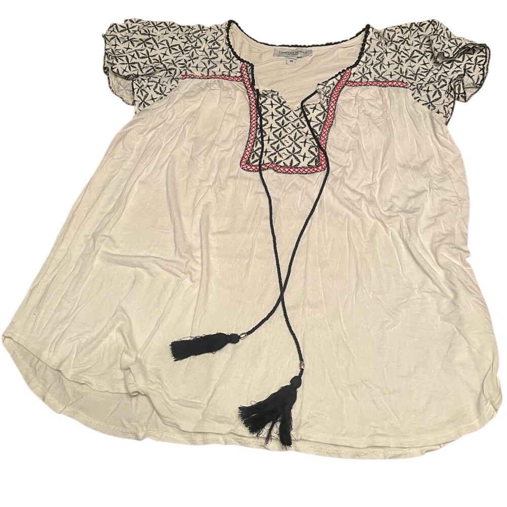 Tempted Hearts Cream and Black Embroidered Boho Top, size 2X
